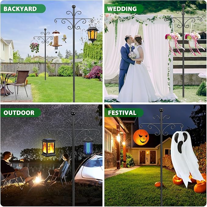 Bird Feeder Pole for Outdoors Heavy Duty Squirrel Proof, 2 Pack 92 Inch Adjustable Tall Shepherds Hooks for Outdoor with 7 Prongs Base, Double Shepherd Hooks (2 Pack Black, 92 Inch)