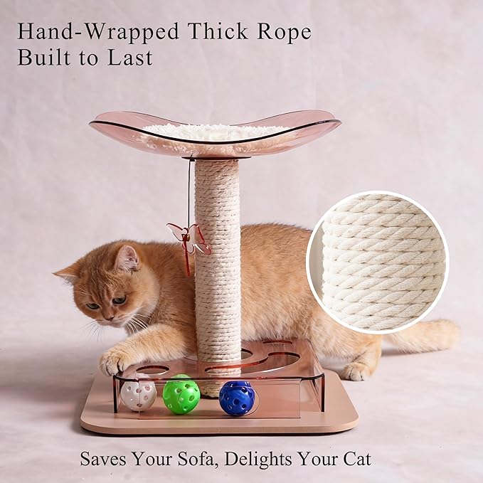 Modern 3-in-1 Interactive Cat Toy with Puzzle Box, Cat Bed/Perch & Scratching Posts, Colorful Jingle Balls, Dangling Accent, Puzzle Toys for Indoor Cats, Acrylic, Pink