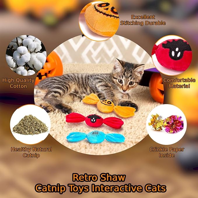 Retro Shaw Cat Toys,3PCS Candy Catnip Toys with Crinkle Sound Inside,Sweet Treats Cat Toy, Trick or Treat for Kitten Toys,Interactive Indoor Kitty Kicker for All Breeds