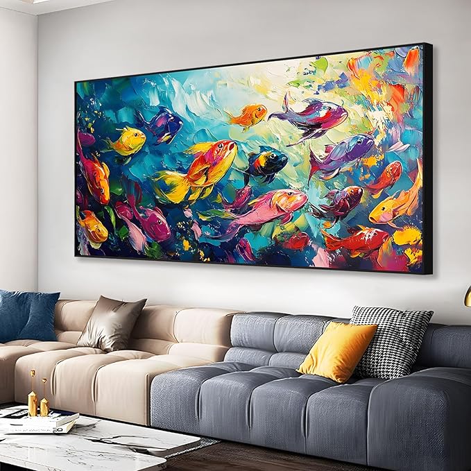 School of Fish Printed Canvas Wall Art – Framed Abstract Ocean Print – Vibrant Fish Wall Decor for Living Room, Bedroom, Office (Gold Framed, 24"x12"|60x30cm)