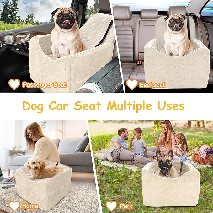 Dog Car Seat for Small/Medium Dogs, Memory Foam Dog Booster Seat, Travel Safety Per Car Seat with Washable Removable Cover, Storage Pockets for Dogs up to 35 lbs (White, Small)