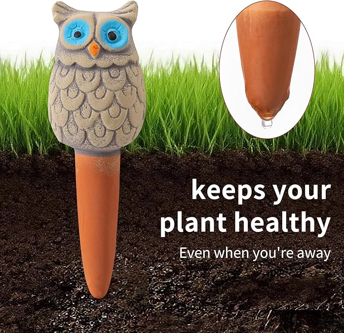 4 Pack Handmade Terracotta Owl Watering Spikes and Globes, Self-Watering Plant Devices with Slow Release System for Continuous Moisture, Perfect Water Bulbs for Indoor and Outdoor Plants Vacation Use
