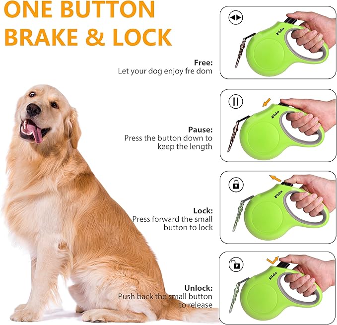 Fida Retractable Dog Leash with Dispenser and Poop Bags, 10 ft Pet Walking Leash for X-Small Dog or Cat up to 18 lbs, Anti-Slip Handle, Tangle Free, Reflective Nylon Tape (XS, Green)