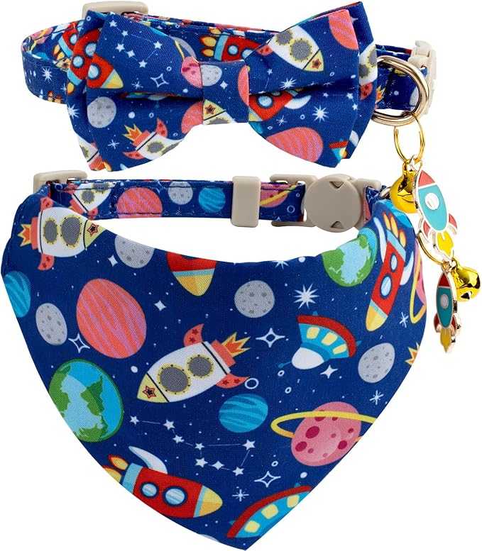 Faygarsle 2 Pack Space Theme Cat Collar Set with Bandana and Bow Tie, Breakaway Safety Buckle, Navy Blue with Rockets