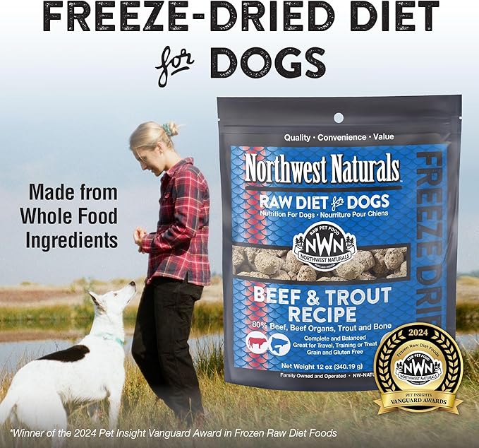 Northwest Naturals Freeze-Dried Beef & Trout Dog Food - Bite-Sized Nuggets - Grain-Free, High-Protein, Raw Diet, Human-Grade Ingredients, All Natural, Omega-3 for Skin & Coat, Made in USA, 12 Oz