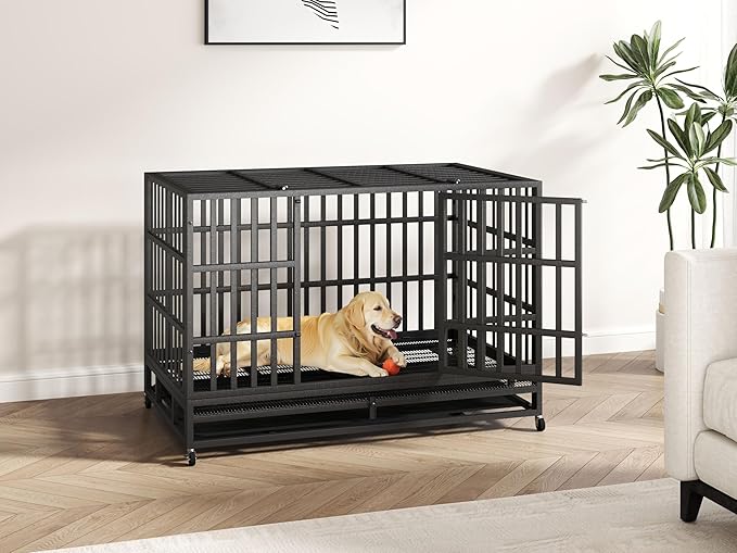 48 Inch Heavy Duty Indestructible Dog Crate Steel Escape Proof, High Anxiety Cage, Kennel with Wheels, Removable Tray, Extra Large XL XXL