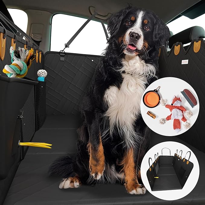 Back Seat Extender for Dogs Hard Bottom Foam - Sturdy Dog Hammock for Car Hard Bottom Car Seat Cover for Dogs with Hair Remover, Seatbelt, Carrying Bag - Dog Backseat Cover SUV, Car, Truck