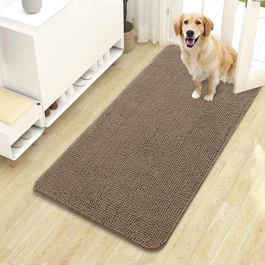 OLANLY Dog Door Mat for Muddy Paws 44x24, Absorbs Moisture and Dirt, Absorbent Non-Slip Washable Doormat, Quick Dry Chenille Mud Mat for Dogs, Entry Indoor Entryway Carpet for Inside Floor, Tan