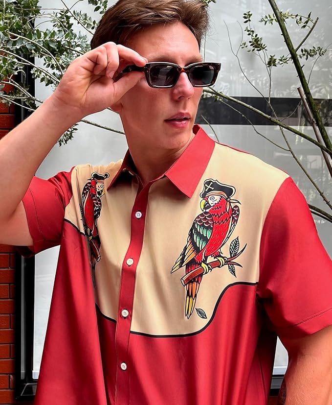 Men’s Hawaiian Shirt Western Cowboy Symmetrical Print Short Sleeve Button Down Casual Beach Holiday Summer Shirt