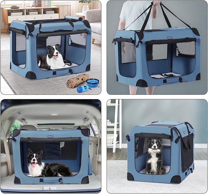 Petprsco Portable Dog Crate - 32"x23"x23" Collapsible Dog Travel Crate for Medium/Large Dogs with Soft Blanket, Foldable Bowl & Poop Bag Dispenser - Indoor & Outdoor Use