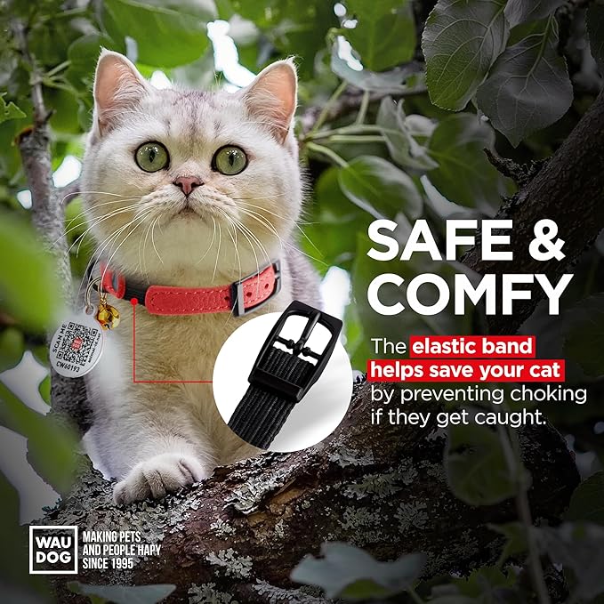 Leather Cat Collar with Bell and Safety Elastic Strap Breakaway Alternative for Small & Large Kittens, Stylish Pet Leather Collar for Boy, Girl Cats with Metal Buckle & QR ID Tag (Red)