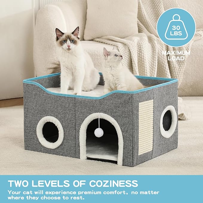 Large Cat Bed for Indoor Cats, Extra Wide Cat Cave House with Scratch Pad and Fluffy Ball, Foldable Cat Hideaway for Kitten Bed, Cat Condo for Cats (Grey, X-Large)