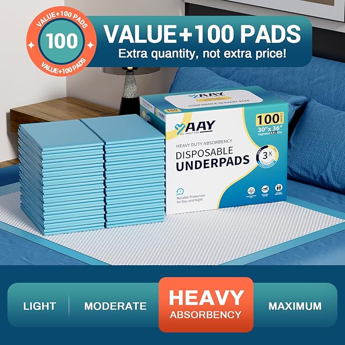 AAY Bed Pads Disposable 30" x 36" (100 Count), Extra Large Super Absorbency Disposable Underpads for Incontinence, Premium Leakproof Protective Chucks Pee Pads for Adult, Kids, Puppy Training