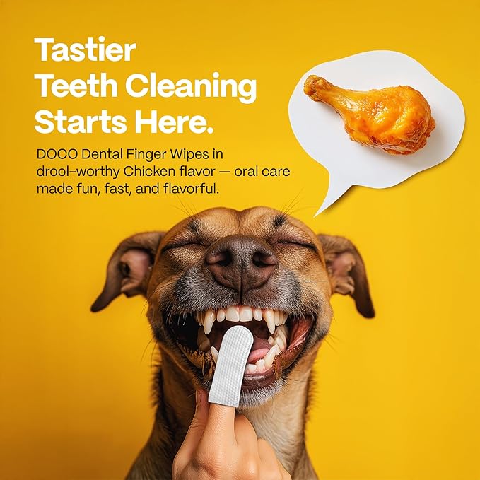 DOCO Dog Teeth Cleaning Wipes - Dog Tooth Brushing Kit, Remove Plaque & Tartar, Dental Freshen Breath, Easy Pet Tooth Cleaning Kit for Oral Care, Ideal for Cat Owners - Chicken Flavor, 100 ct.
