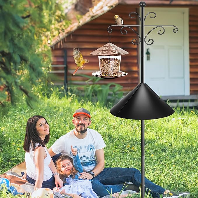 Bird Feeder Pole for Outdoors Heavy Duty Squirrel Proof, 2 Pack 108 Inch Adjustable Tall Shepherds Hooks for Outdoor with 7 Prongs Base, Double Shepherd Hooks (2 Pack Black, 108 Inch)