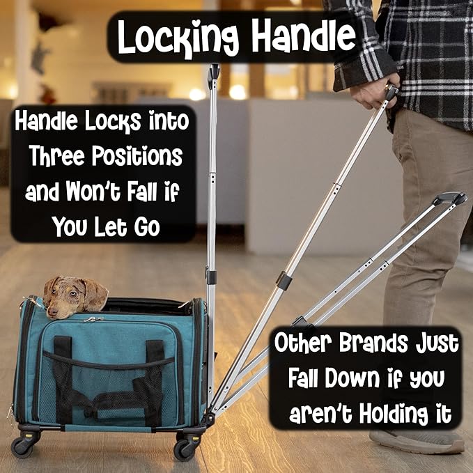 Pet Carrier with Wheels | United Delta American Frontier Airline Approved | Two Expandable Sides, Storage Pockets Adjustable Leash | Rolling Dog and Cat Carrier TSA Compliant (Blue 17x11x11)