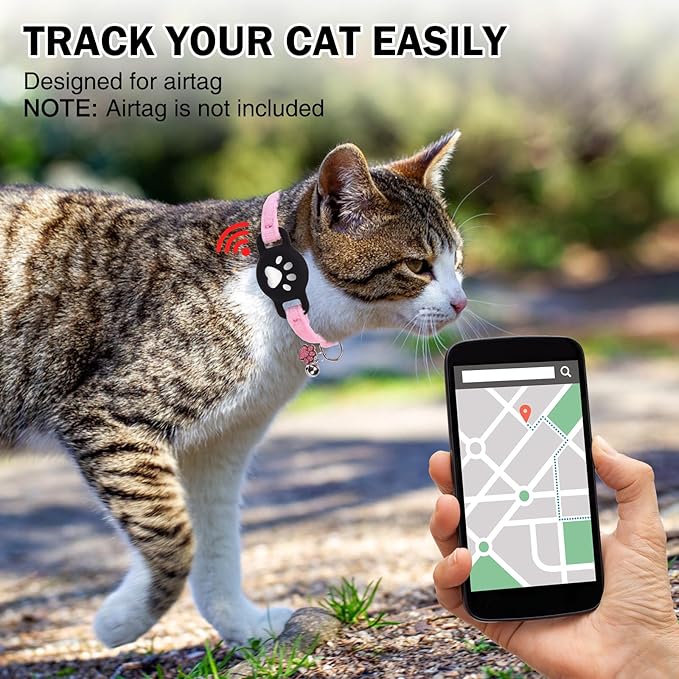 Airtag Cat Collar Breakaway, Cute GPS Cat Tracker Collars with Air Tag Holder, Safety Cat Collars with Bell & Pendant for Girl Boy Cats, Pink