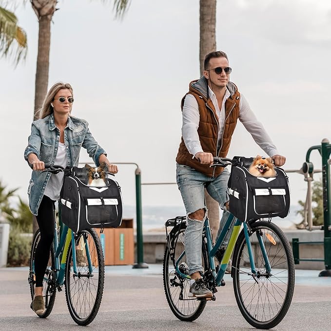 Dog Bike Basket Foldable Pet Bike Carrier Backpack with Safety Strap, Waterproof Pet Bicycle Basket for for Small Cats Kitten Puppy Dogs (Black