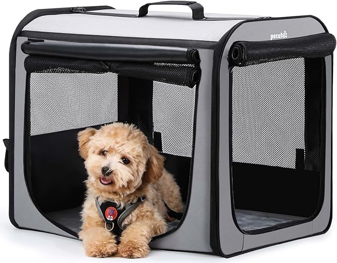 Dog Car Carrier Light Weight, Dog Carrier for Car Easy to Assemble, Dog Car Crate Portable and Breathable, Foldable Pet Carrier for Both Indoor and Outdoor Use, Dog Travel Crate with Curtain Gray