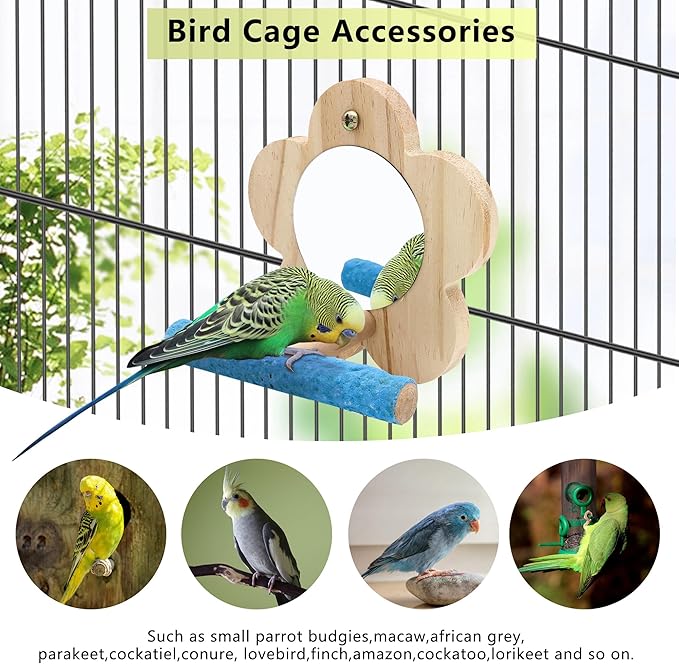 Small Bird Mirror Parrot Swing,Wooden Parakeet Perches Flower Interactive Play Toys for Small Budgies Macaw African Grey Parakeets Lovebird Cockatiel Cage Accessories (S, Wood-1p)