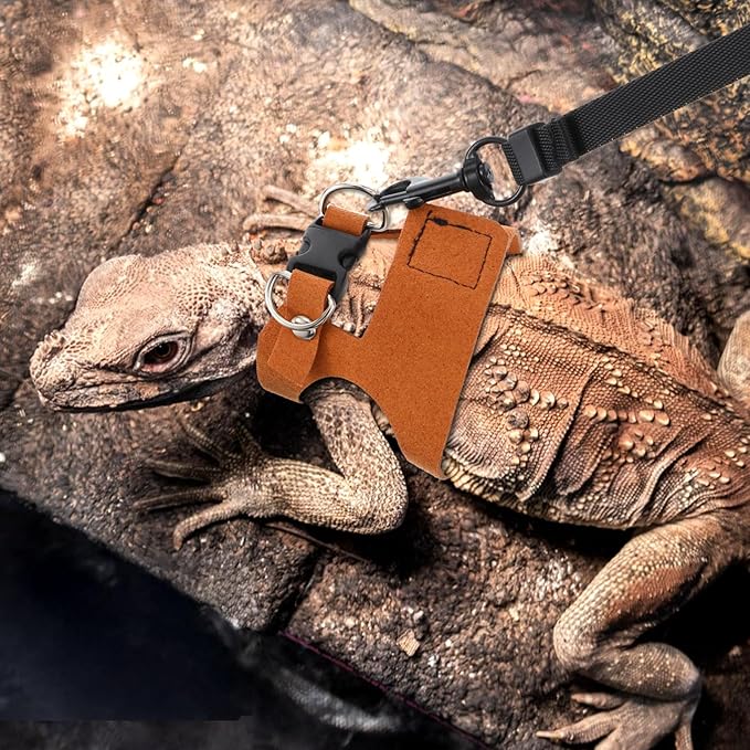 3 Sizes Bearded Dragon Harnesses and Leash Set, Adjustable Soft Leather Lizard Leash Harness Small Animal Walking Vest with Traction Rope for Small Reptiles Squirrel Rat Bearded Dragon Lizard