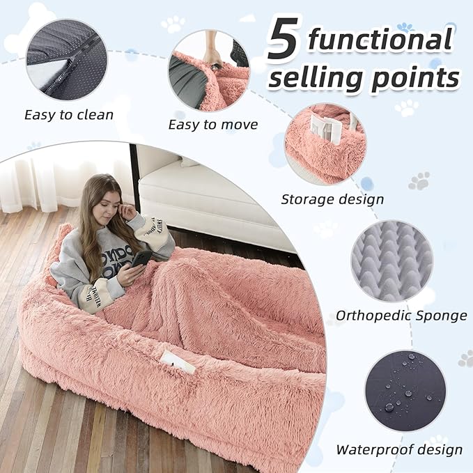 Human Dog Bed, 71''x45''x12'' Size Fits You and Pets, Washable Faux Fur Pet Bed for People Doze Off, Napping Orthopedic Dog Bed, Present Plump Pillow, Blanket, Strap - Pink