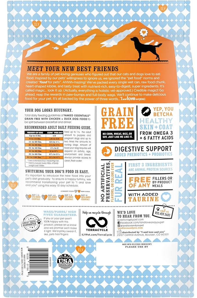 I and love and you Naked Essentials Dry Dog Food - Chicken + Duck - High Protein, Real Meat, No Fillers, Prebiotics + Probiotics, 4lb Bag