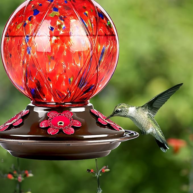 Hummingbird Feeder, BOLITE Glass Hummingbird Feeders for Outdoors Hanging, 20 Ounces, Leak Proof, Meshy Texture Ball Shape Bottle, Red, Birthday Gifts for Women Men, Gifts for Mom Dad