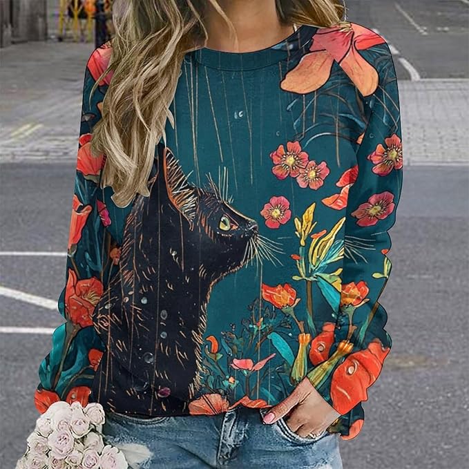 Long Sleeve Shirts for Women Cat Oil Painting Shirt 3D Graphic Sweatshirts Fall Pullover Crewneck Vintage Boho Tops