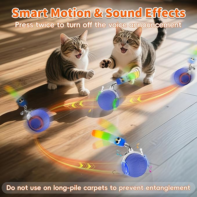 UPSKY Interactive Cat Toy Ball for Indoor Cats, Automatic Moving Electric Rolling Cat Ball Toy, 3-Speed Modes Smart Kitten Toys with Sounds, USB Rechargeable & Sturdy for Bored Kittens/Adult Cats