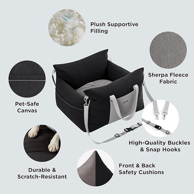 Lesure Small Dog Car Seat for Small Dogs - Waterproof Dog Booster Car Seat with Storage Pockets, Clip-On Safety Leash and Thickened Memory Foam Filling, Pet Carseat Puppy Travel Carrier Bed, Black