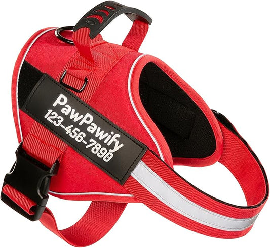 PawPawify Custom No Pull Dog Harness with Name and Phone Number, Heavy Duty Personalized Pet Vest to Prevent Tugging, Pulling, or Choking, Training and Walking (New Red, M (Chest 20-24in))