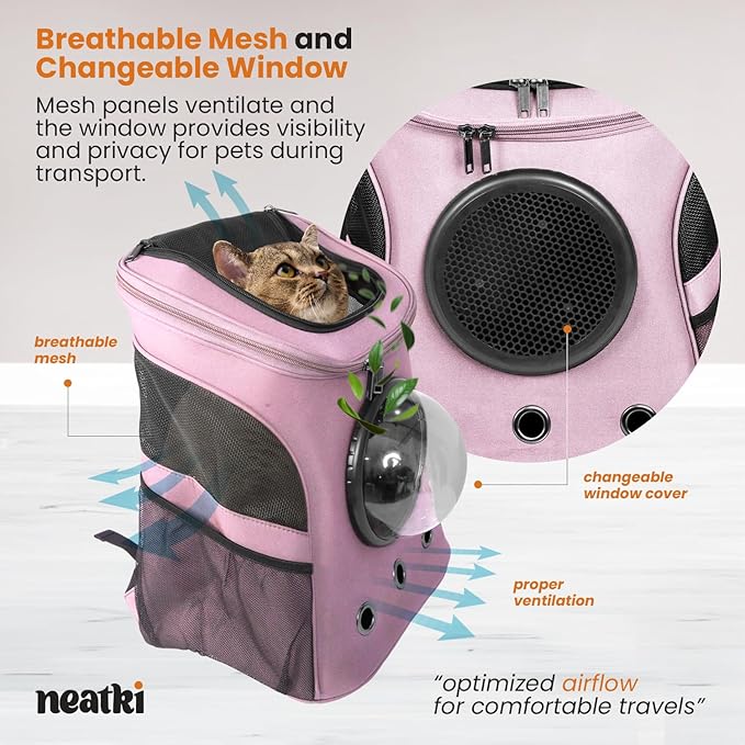 Cat Backpack Carrier, Airline Approved, Space Capsule Bubble Design, Ideal for Cats & Dogs up to 28-35 lbs, with Strong Straps, Safety Zippers, Mesh, Comfortable for Hiking & Travel (Pink)