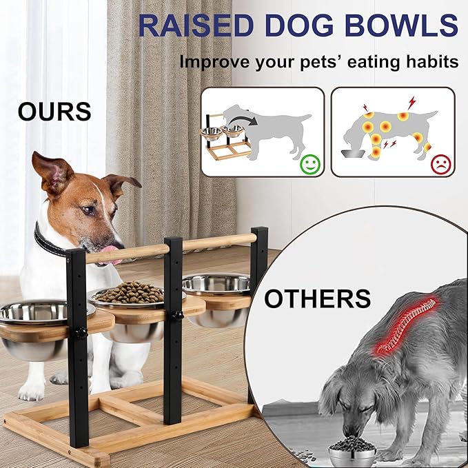 handrong Elevated Dog Bowl,5 Height Adjustable Raised Dog Bowl,Dogs Food Bowls Stand Feeding Station with 3 Food and Water Bowls for Medium,Large Dogs