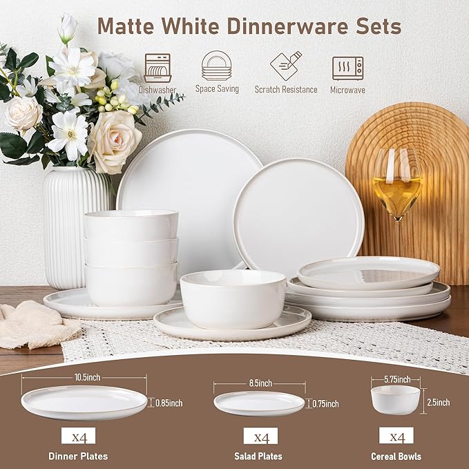 GBHOME Ceramic Dinnerware Sets for 4, 12 Pieces Stoneware Plates and Bowls Sets, Reactive Glaze Dishes -Scratch Resistant, Dishwasher&Microwave Safe-Star White