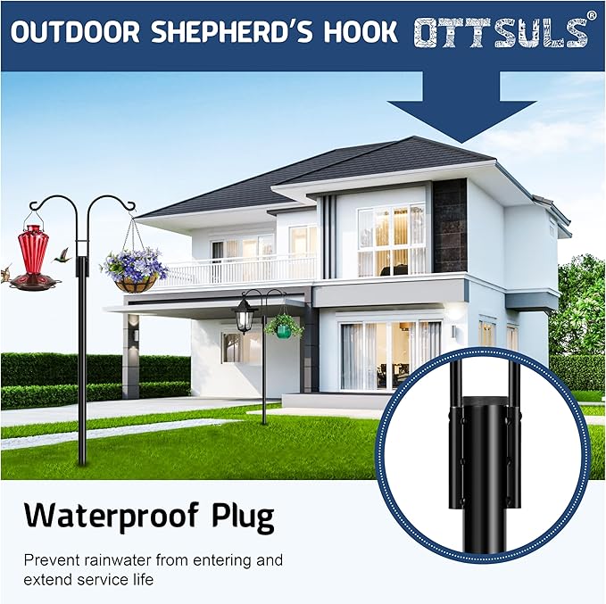 Ottsuls Bird Feeder Pole, 2 Pack 108 INCH Double Shepherds Hooks for Outdoor, Garden Pole with 5 Base Prongs Heavy Duty Planter Hooks for Hanging Plant Baskets, Lantern, Hummingbird Feeder
