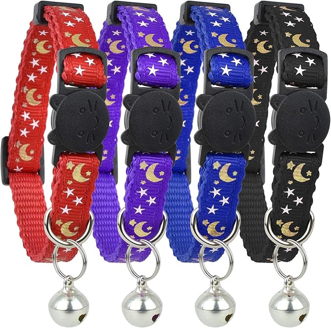 Cat Collar Stars and Moon, 4-Pack, Reflective with Bell, Solid & Safe Collars for Cats, Nylon, Kitty Collars, Pet Collar, Breakaway Cat Collar