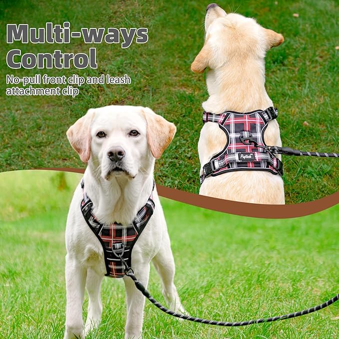 PUPTECK No Pull Dog Harness Small Sized, Adjustable Reflective Dog Harness with Handle Easy Control, Comfortable Soft Padded Pet Vest Harness for Small Dogs, Plaid Black M