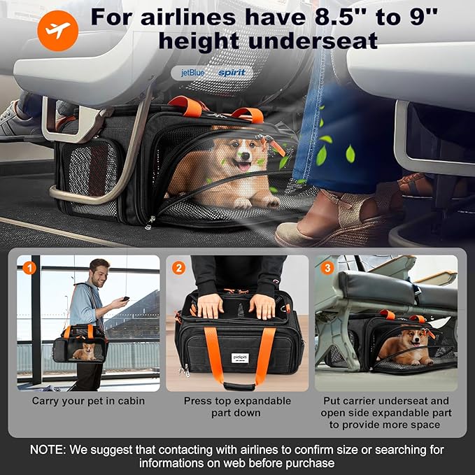 17x12.5x8.5 TSA Approved Expandable pet Carrier for Extra-Small Dog Under 6 lbs,Small-Medium cat Under 8 lbs,for jetblue and Other Airlines only Have 8.5'' Height Space underseat