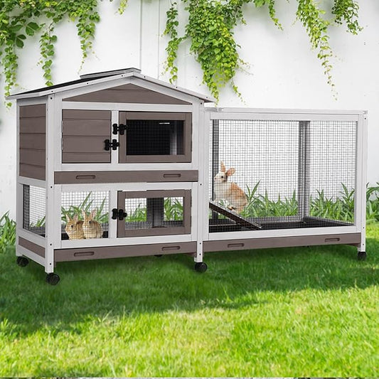 GUTINNEEN Rabbit Cage Indoor Bunny Hutch with Chew-Proof Ramp - 2 Story Guinea Pig Cages Outdoor with 6 Wheels, Leakproof Pull-Out Tray for Rabbits, Guinea Pigs (Brown)