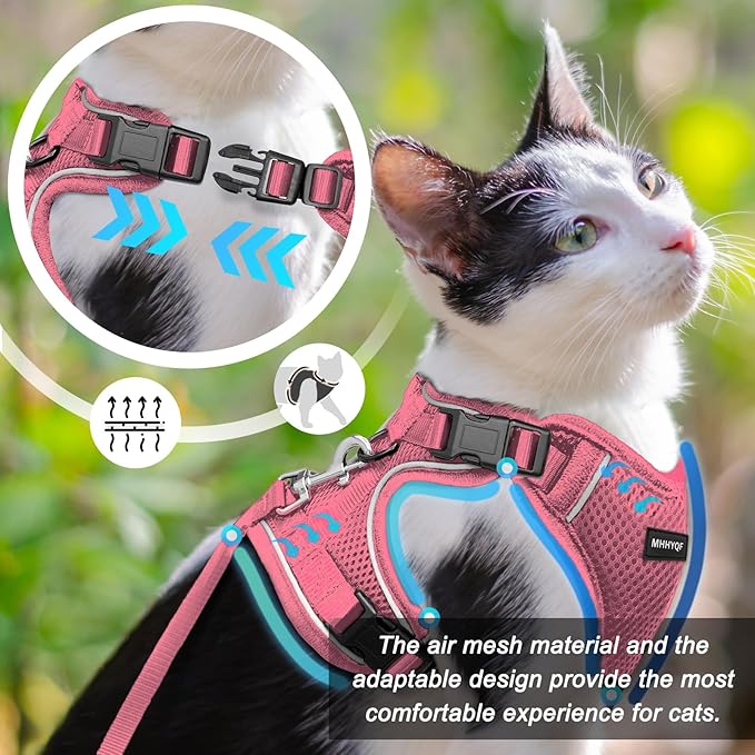 Cat Harness and Leash Set for Walking Escape Proof, Improved Four Place Adjustable Cat Car Harness, Soft Kittens Vest with Reflective Strip for Cats, Comfortable Outdoor Vest, Pink, XS