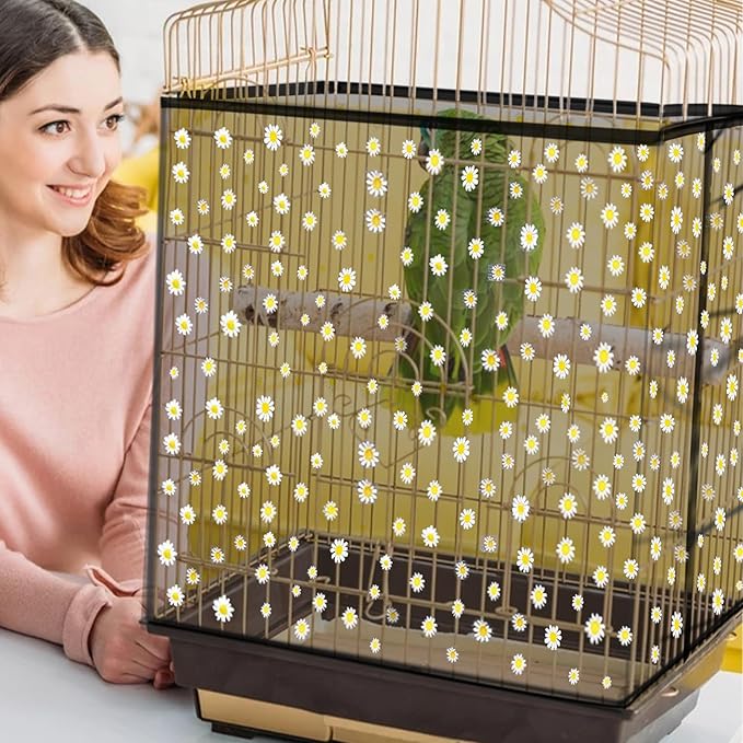 Daoeny Bird Cage Seed Catcher, Large Bird Cage Cover, Adjustable Soft Airy Nylon Mesh Net, Birdcage Cover Skirt Seed Guard for Parrot Parakeet Macaw African Round Square Cages (Black, Daisy Design)