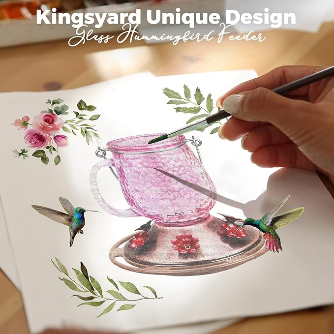 Kingsyard Glass Hummingbird Feeders for Outdoors, 16 Oz Wild Bird Feeder 6 Feeding Ports & Ant Moat Included, Hanging Bird Nectar Feeder for Garden Tree Yard Outside Decoration, Pink