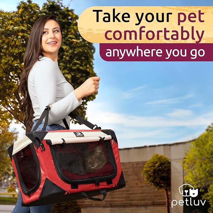 Soft-Sided Cat & Dog Pet Carrier, Medium 20"x13"x13" Fits Most Cats or Small Dog, Comfortable for Travel & Vet Visits, Privacy Windows, Removable Plush Bed, Top/Side Entry, Locking Zippers, Folds Flat