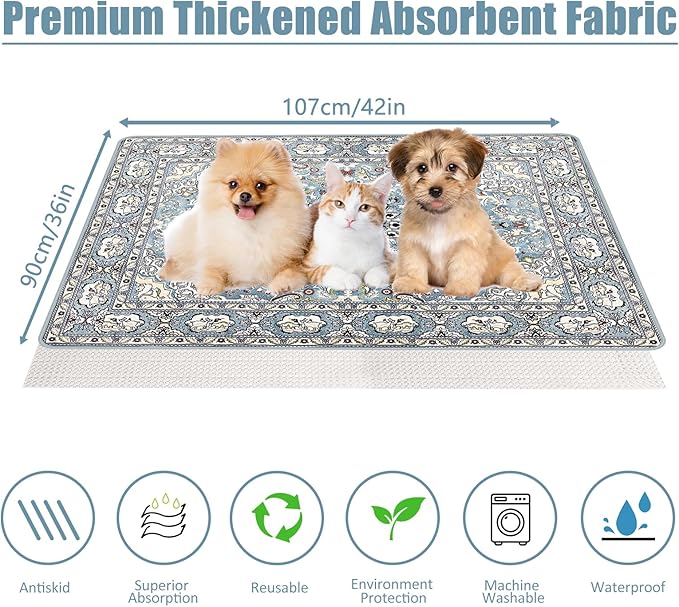 Washable Pee Pads for Dogs, (2 Pack, 36"x42") Upgrade Reusable Puppy Pads with Non-Slip Rug Pad, Super Thickening Absorbent Leakproof Dog Traning Pads Whelping Pad for Dogs, Doggie(Blue-2)