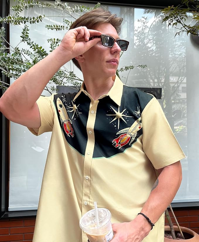 Men’s Hawaiian Shirt Western Cowboy Symmetrical Print Short Sleeve Button Down Casual Beach Holiday Summer Shirt