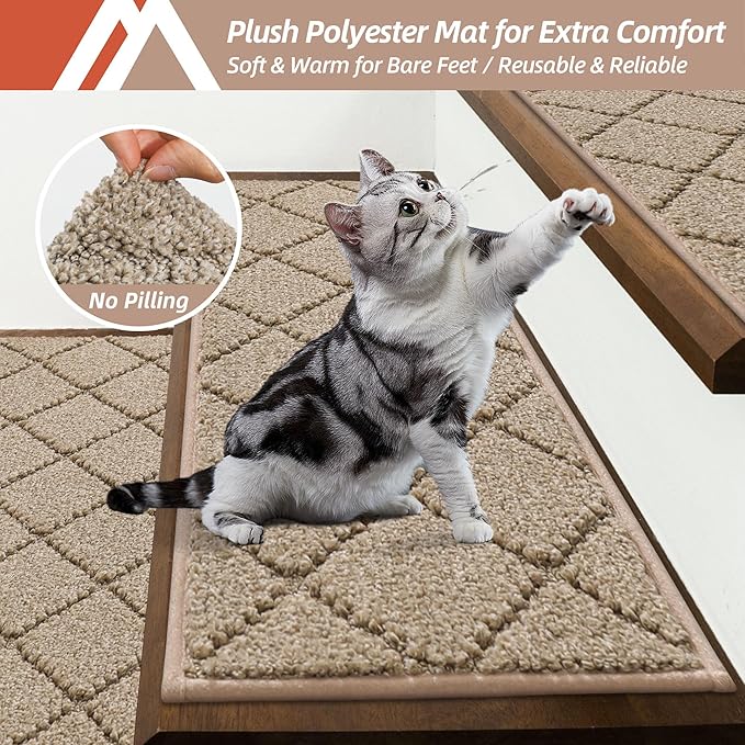 COSY HOMEER Edging Stair Treads Non-Slip Carpet Mat 28inX9in Indoor Stair Runners for Wooden Steps, Edging Stair Rugs for Kids and Dogs, 100% Polyester TPE Backing (10pc, Beige)