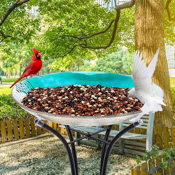 MUMTOP Bird Baths for Outdoors, Crab Glass Large Bird Bath Bowl with Metal Stand, Bird Feeders for Outside and Garden, Patio,Lawn Decor