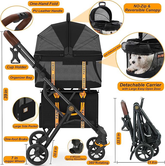 PAWZIDEA Double Pet Stroller with 2 Detachable Carriers, Portable Dog Crate for Car Travel & TSA-Approved Expandable Cat Carrier, Foldable Lightweight Jogger Stroller for 2–4 Cats or Small/Medium Dogs