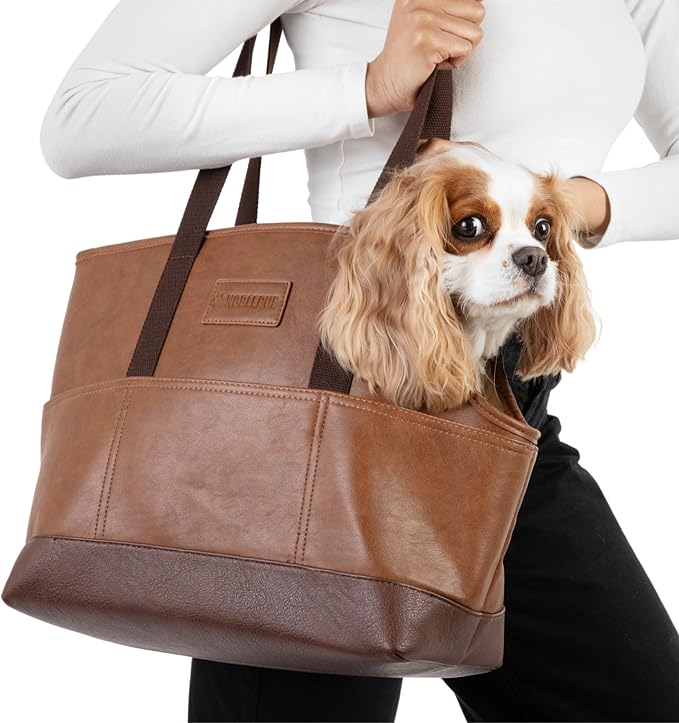 Luxury Dog Purse Carrier - Brown Faux Leather Pet Carrier, Secure Harness Clip, Tote Bag for Small Dogs and Puppies